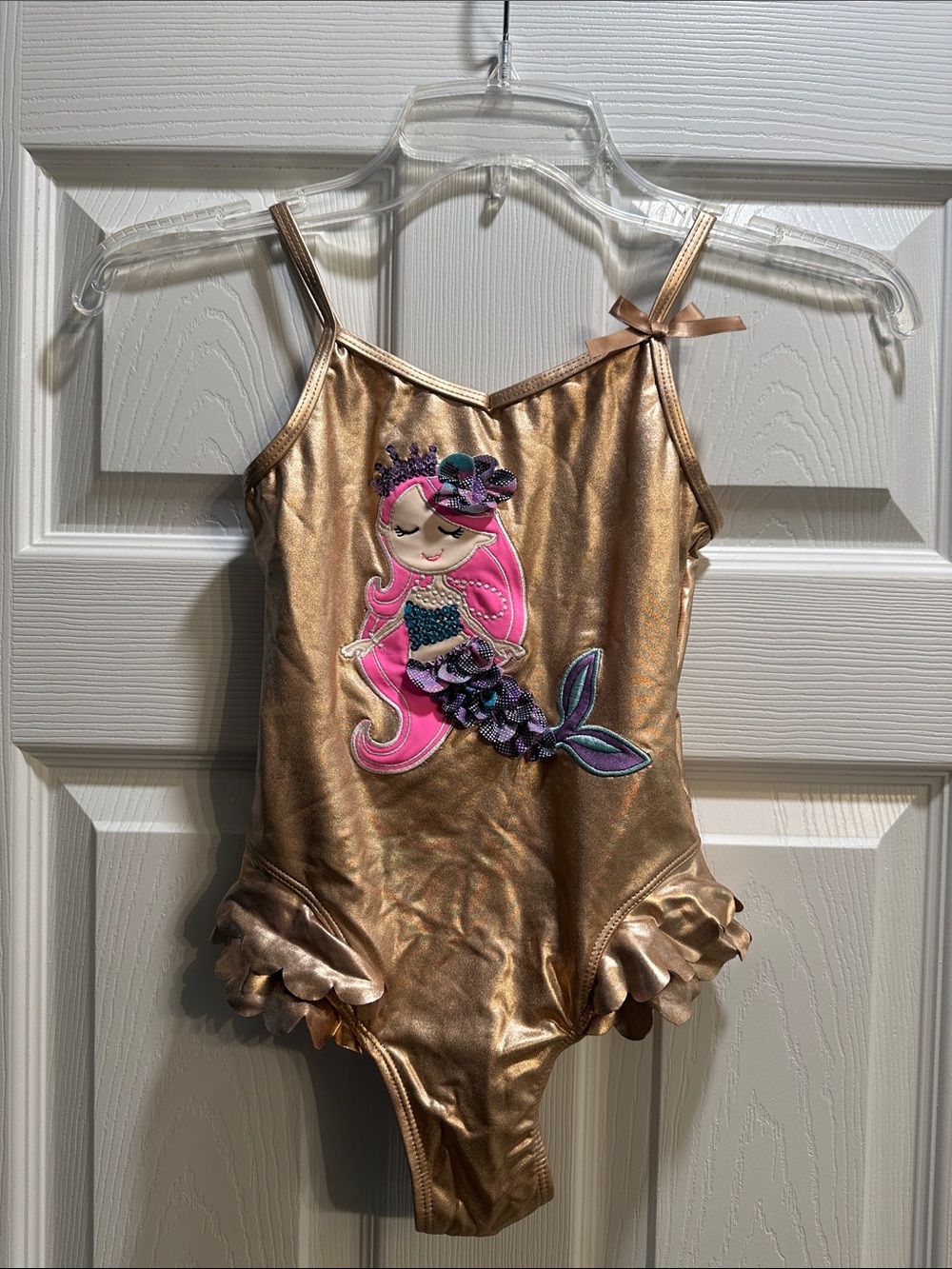 Flapdoodles Gold One-Piece Swimsuit with Pink Mermaid Applique